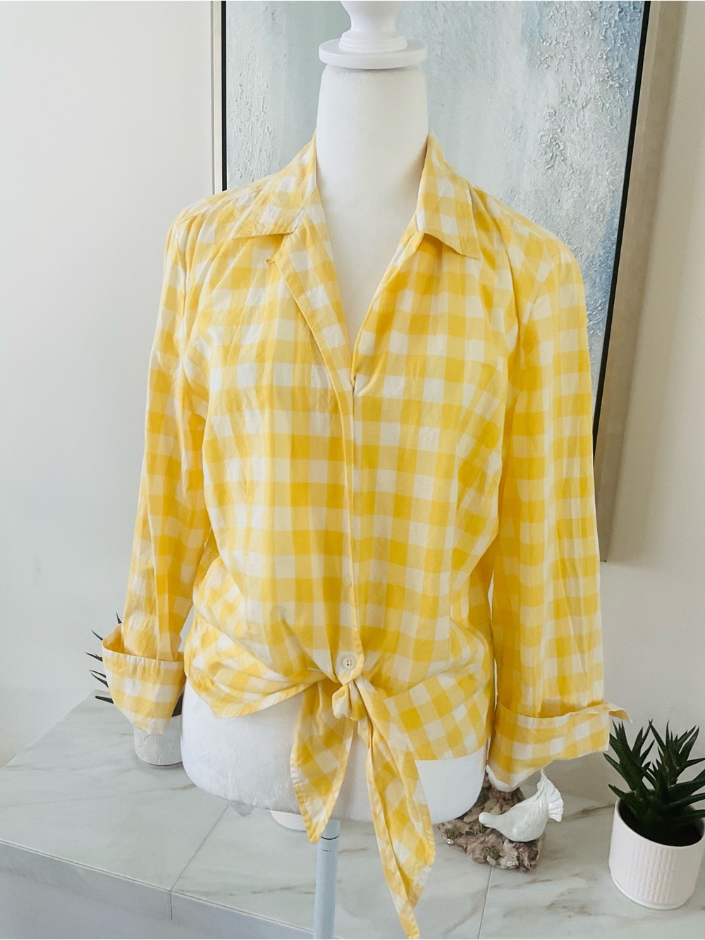 **Jones Wear Studio **Vintage Yellow & White Gingham Tie-Front Button Down Shirt